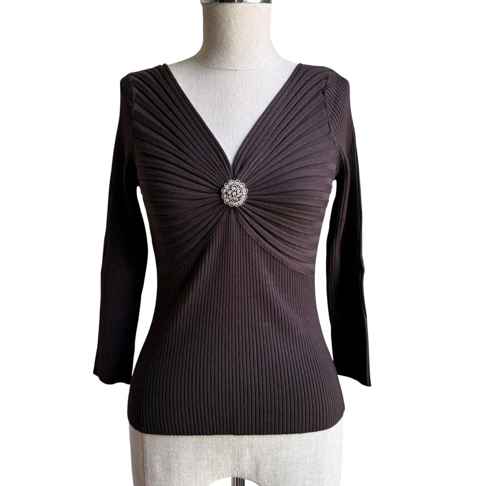 Votre Nom Brown Silk Blend Knit Top Removable Brooch Size S